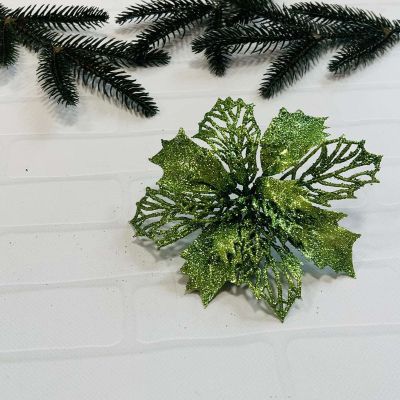 Пуансетия в глитере 15 см Зеленая